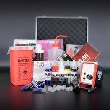 Black professional tattoo gloves pair displayed on clean white background