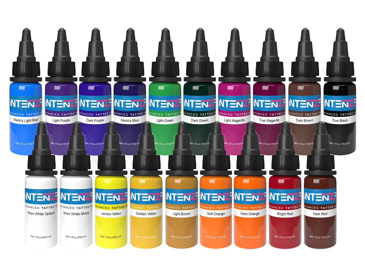Premium tattoo ink collection with various colors in glass bottles